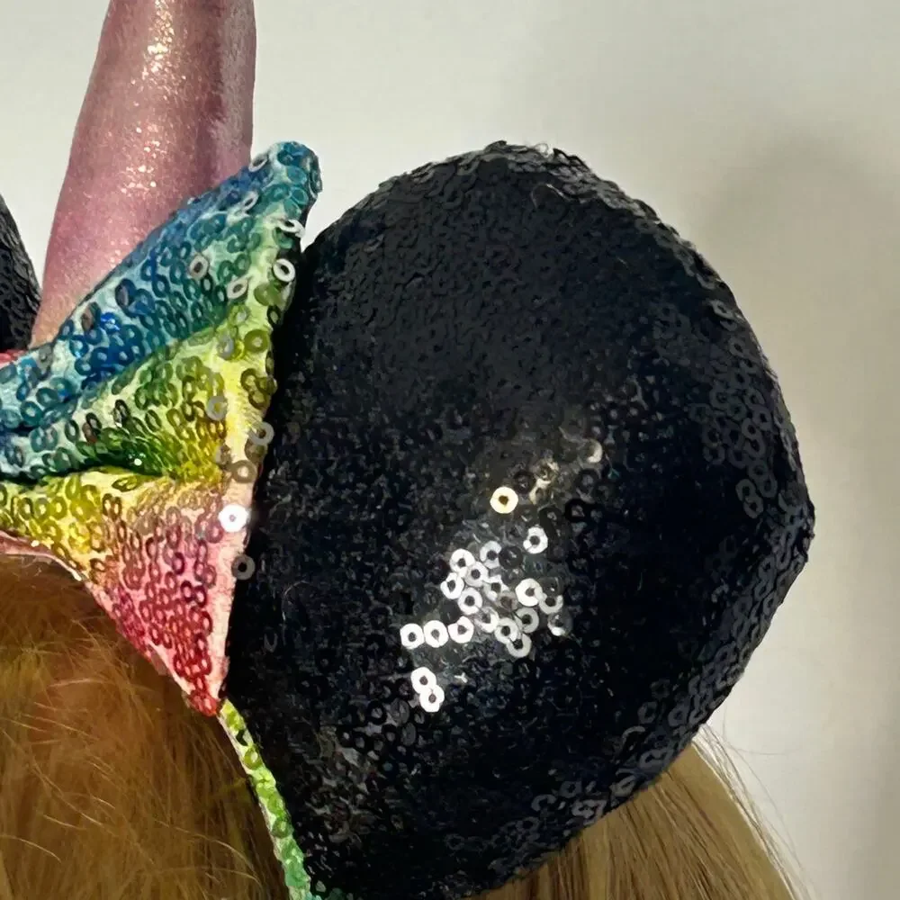 Disney Unicorn Minnie Mouse Ears Rainbow Sequin Bow Pink Horn Headband